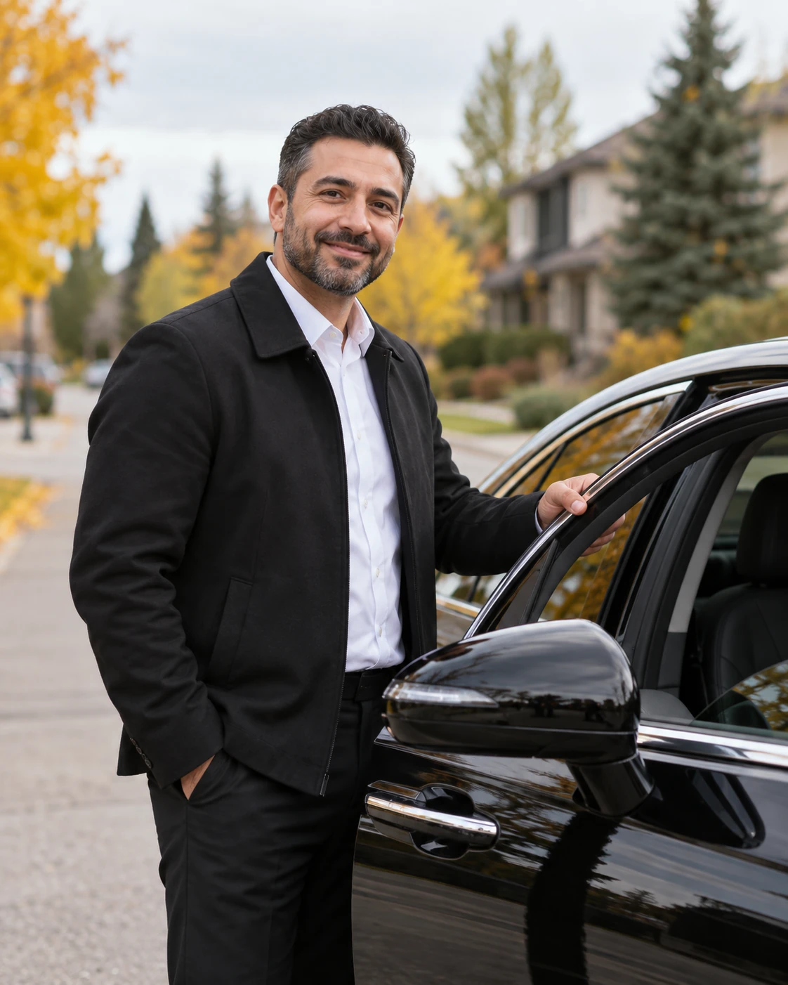 Concept image of a welcoming professional driver beside a black sedan
