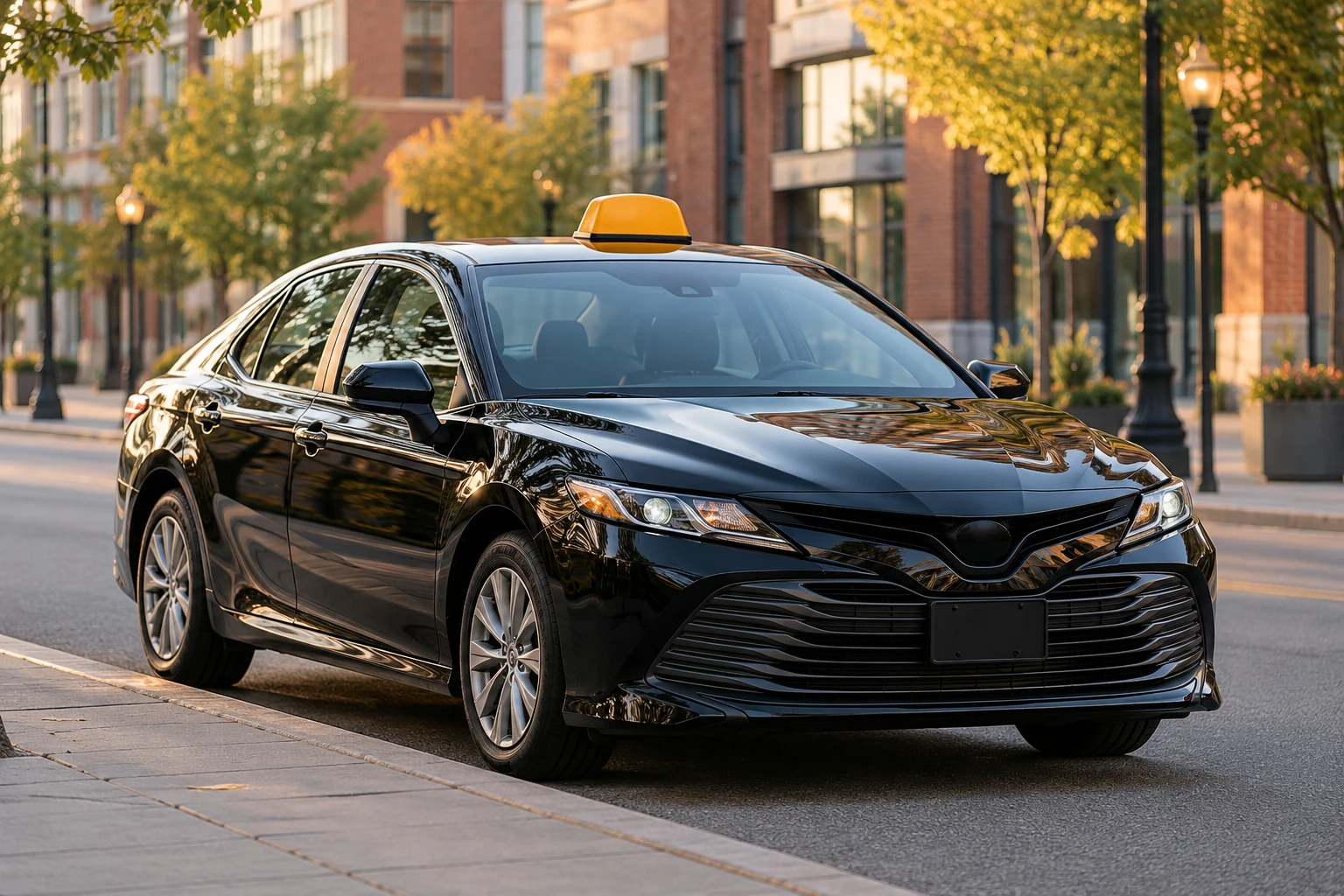 Concept image of a black cab ready for pickup on a city street